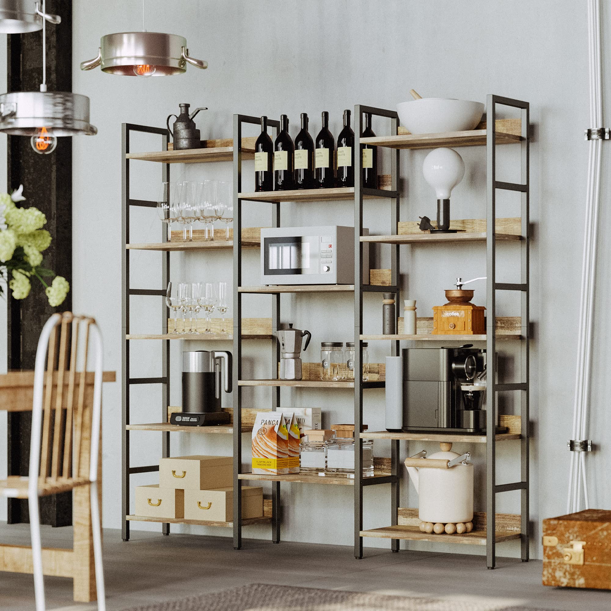 IRONCK Book Shelf, Bookshelves and Bookcases, 5 Tiers Bookshelf with Baffles, Large Bookshelf with Metal Shelving, Triple Wide Shelves for Living Room, Home Office