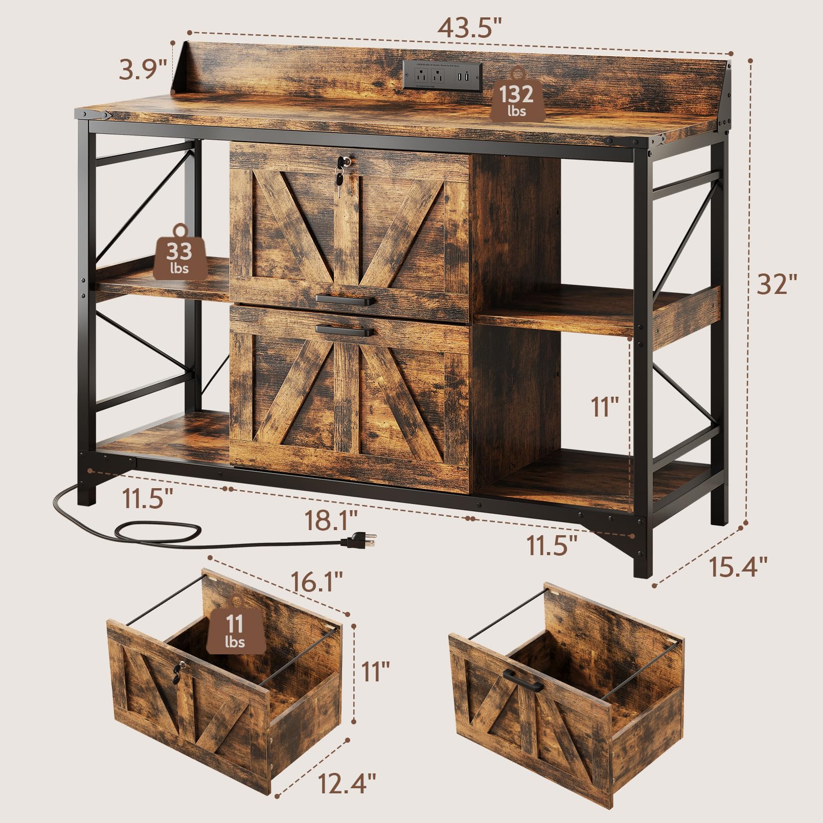 Lateral Filing Cabinet with Lock, Power Outlets & Storage Shelves