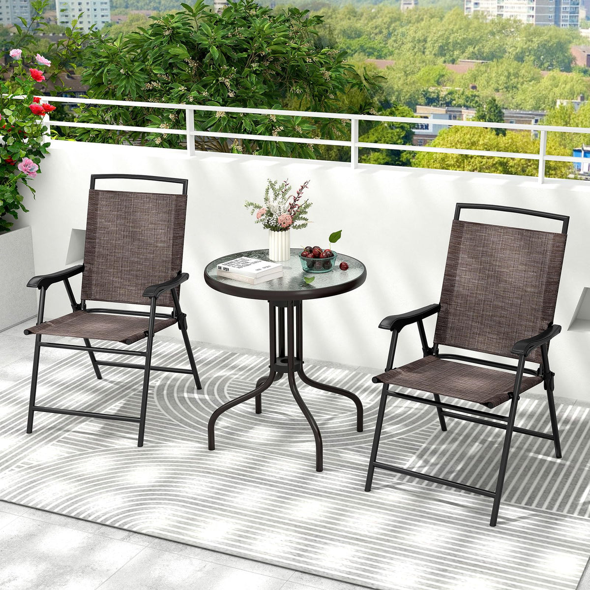 Tangkula 3 Piece Bistro Set Outdoor, Bistro Folding Chairs and Table Set, Rippled Tempered Glass Round Tabletop with Umbrella Hole, Small Patio Furniture Dining Set for Porch Balcony Garden Yard