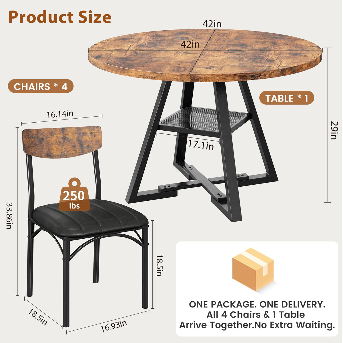 Dining Table Set for 4,Kitchen Table and Chairs for 4, Round Dining Room Table with Upholstered Chairs, 5 Piece Space Saving Circle Wood Kitchen & Dining Room Dinner Dinette Table Set (Vintage, 42In)
