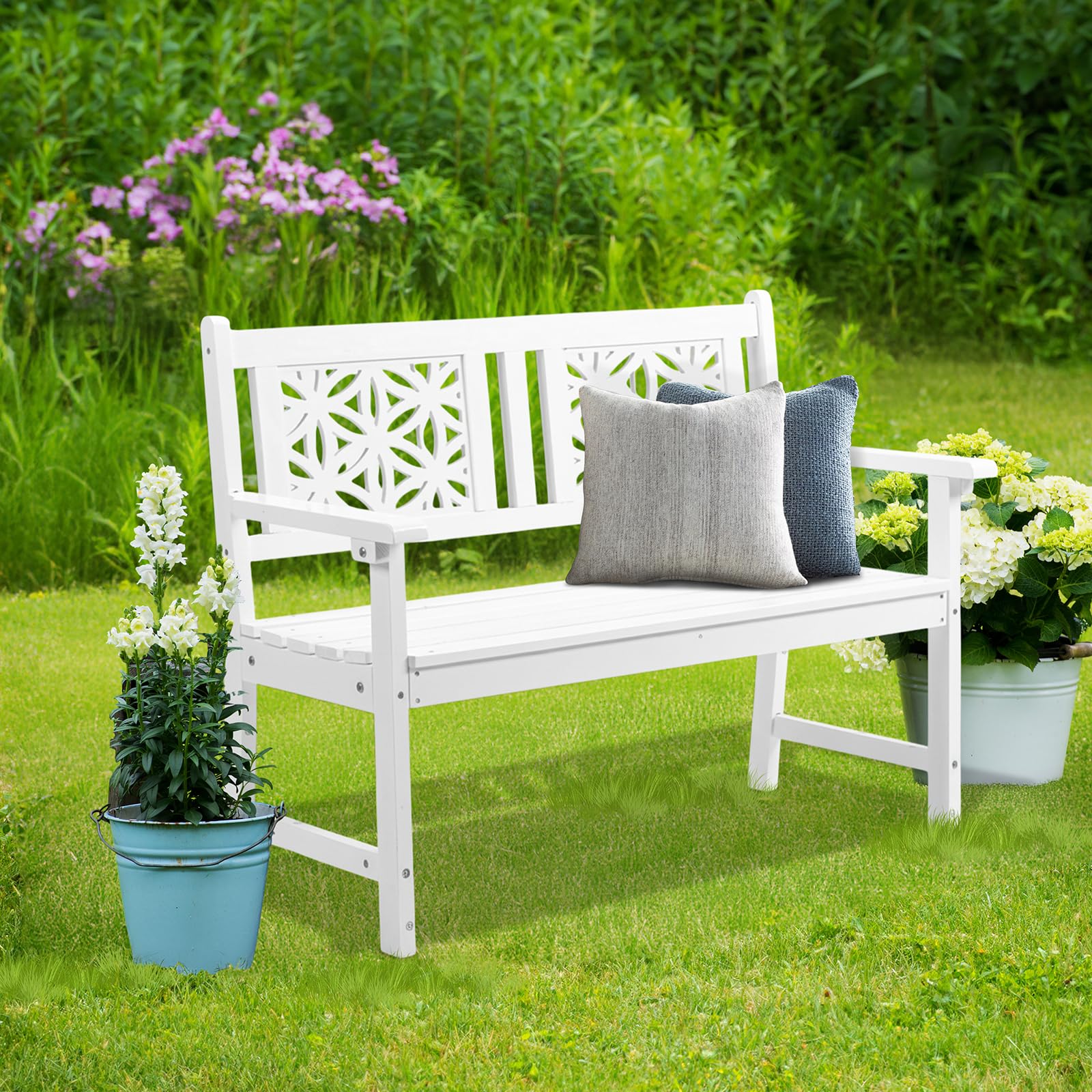 Floral Wood Outdoor Bench – 3-Seater, 660 lbs, White
