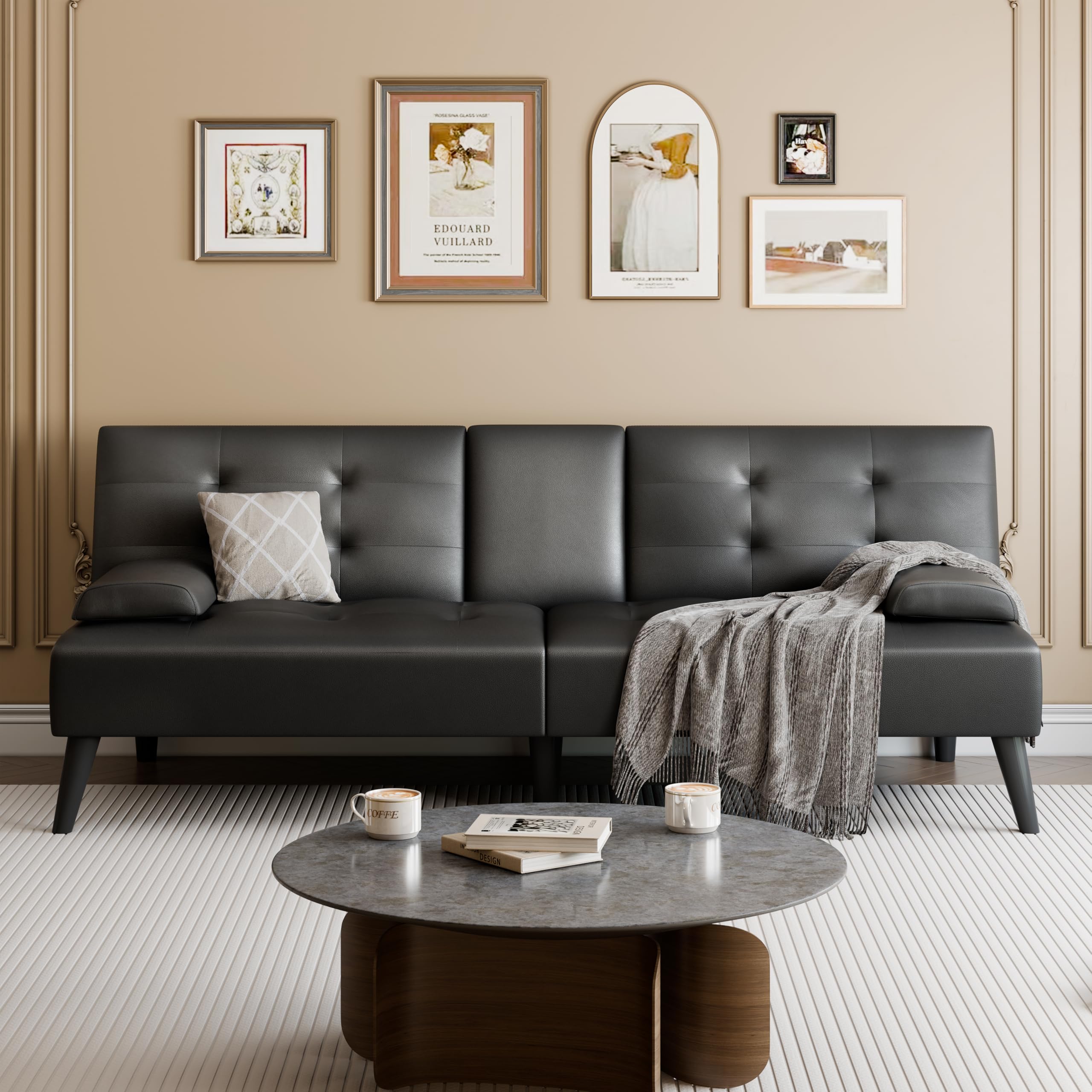 Meilocar 64" Futon Sofa Bed, Small Loveseat with 2 Cup Holders, Small Couch with 3 Adjustable Angles & Removable Armrest, Modern Sleeper Sofa for Small Space (PU Leather, Black)