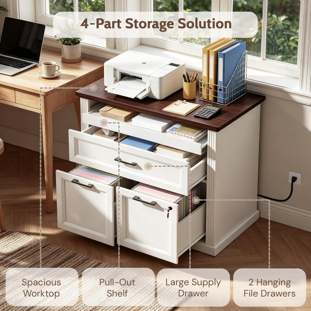 3-Drawer File Cabinet with Charging Station