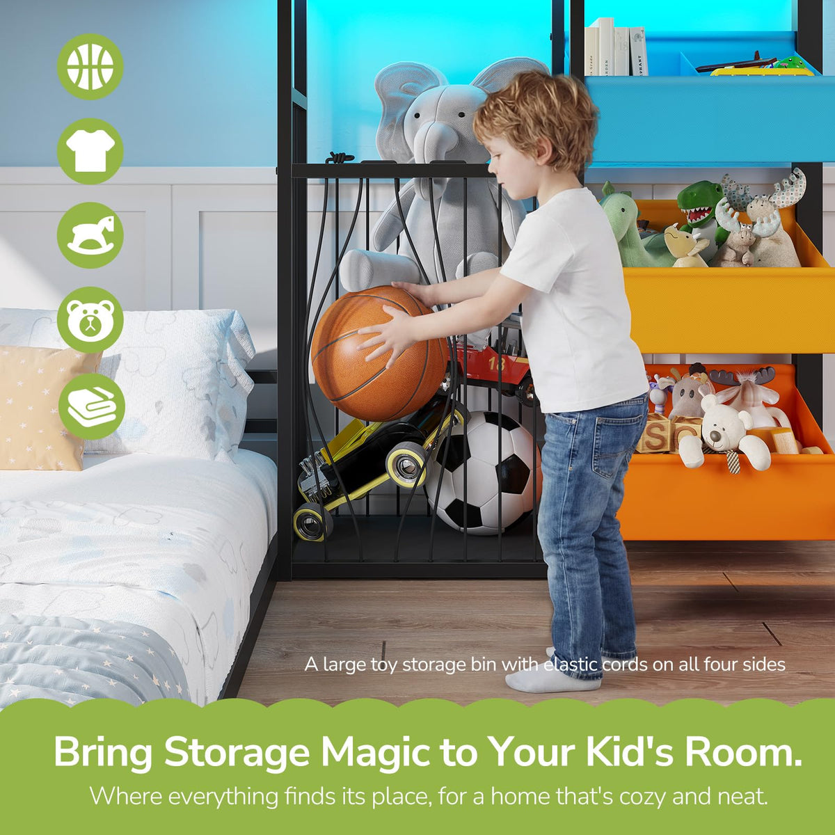 Hasuit Bunk Bed Twin Over Twin Size with Large Toy Storage Organizer and 3 Bins, Twin Bunk Beds with LED Lights, Metal L-Shaped Loft Bed with 13.4" H Safety Guardrail & Ladder, for Kids & Teens, Black