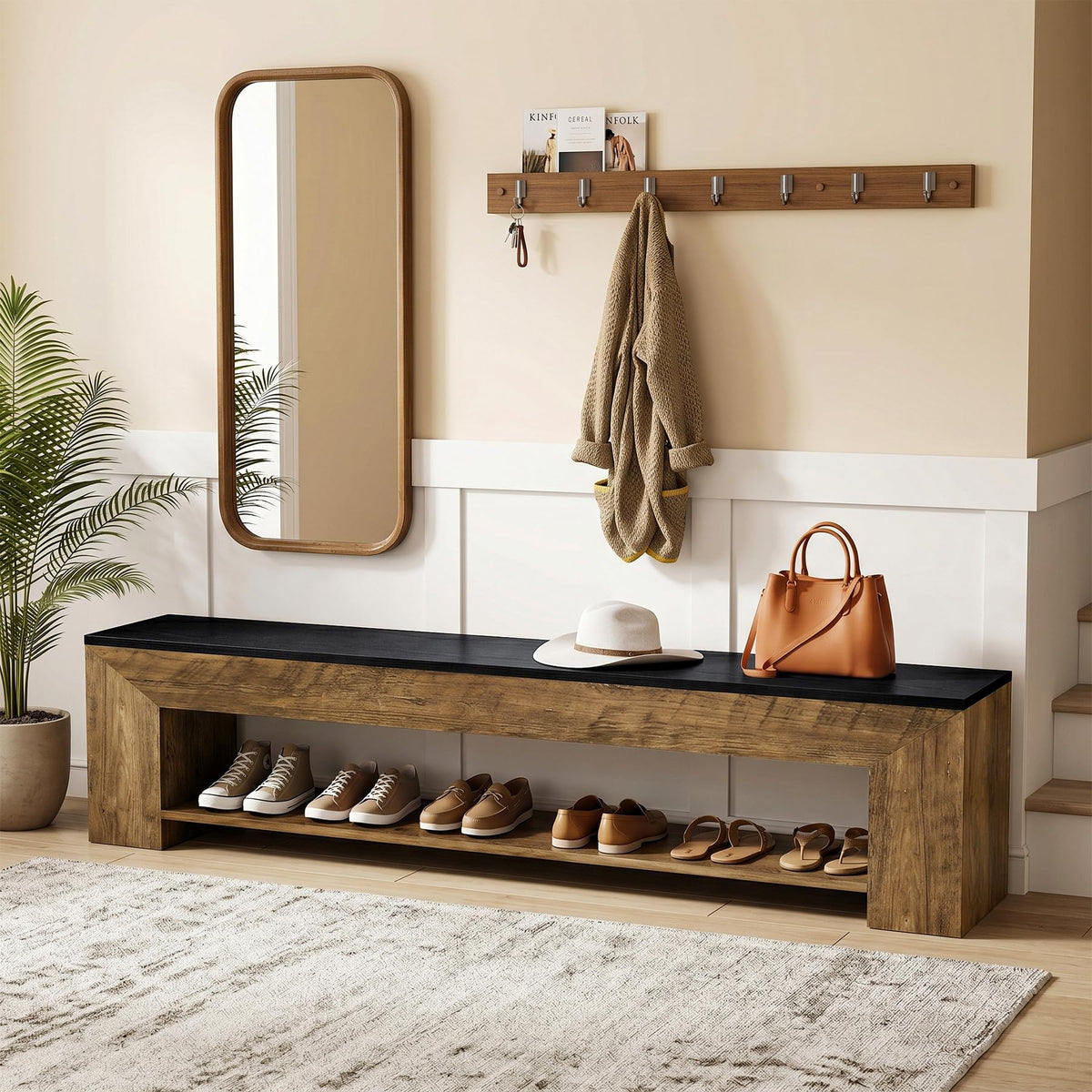 Tribesigns 71-Inch Extra Long Entryway Bench with Shoe Storage, Farmhouse Shoe Bench with 2 Shelves, Wooden Indoor Seating for Hallway, End of Bed, Living Room, Mudroom, Rustic Brown & Black