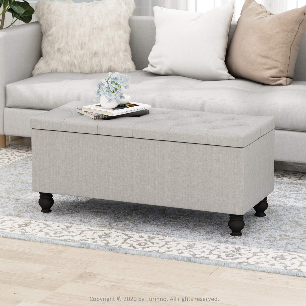 FURINNO Laval Button Tufted Storage Ottoman Bench for Entryway and Bedroom, Glacier