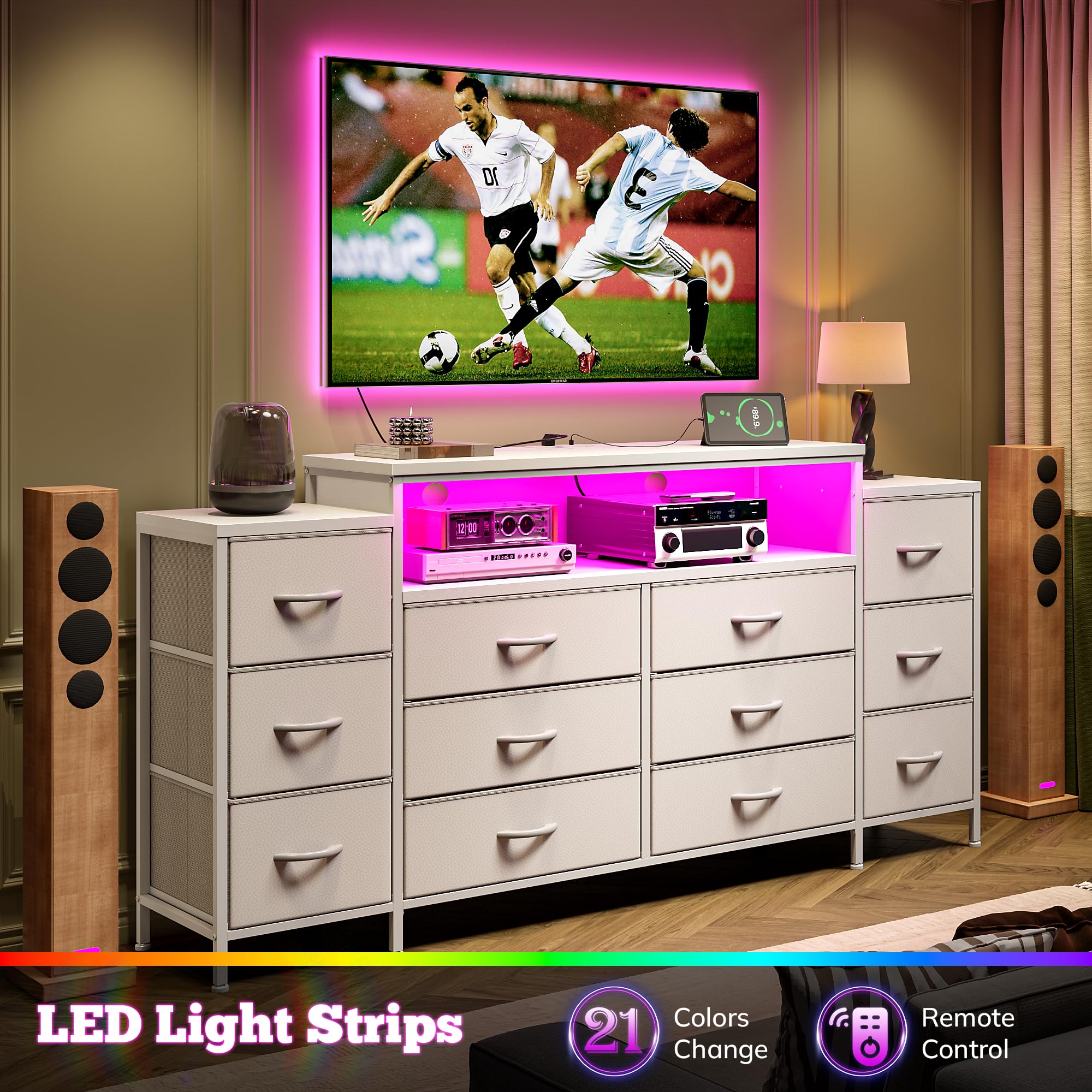 EnHomee 55" W Dresser for Bedroom with LED Lights & Charging Station 12 Drawer Dressers & Chests of Drawers Dresser TV Stand for Bedroom for Hanging 65" TV, Metal Frame & Fabric Drawers, White