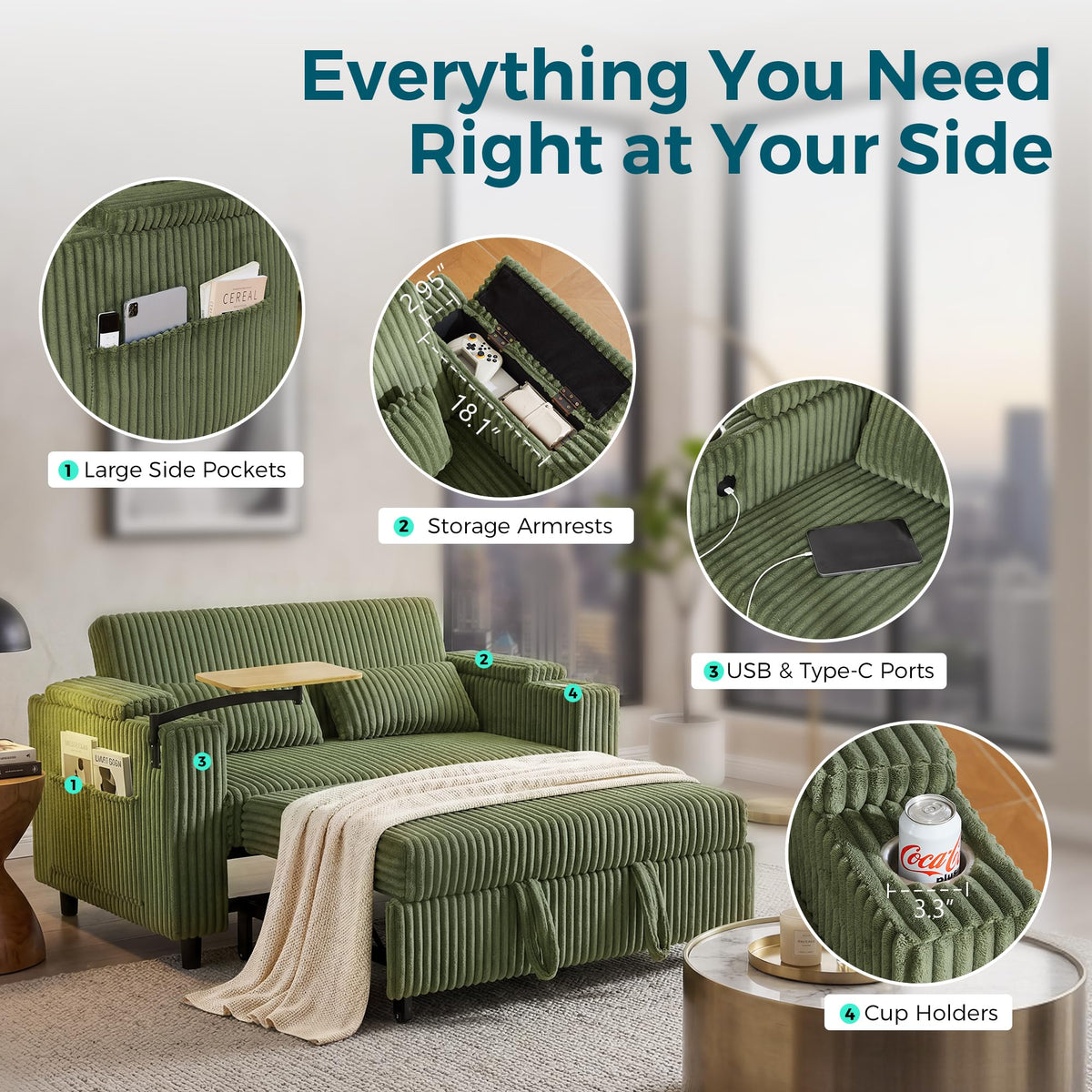 Corduroy Pull-Out Loveseat Sleeper
