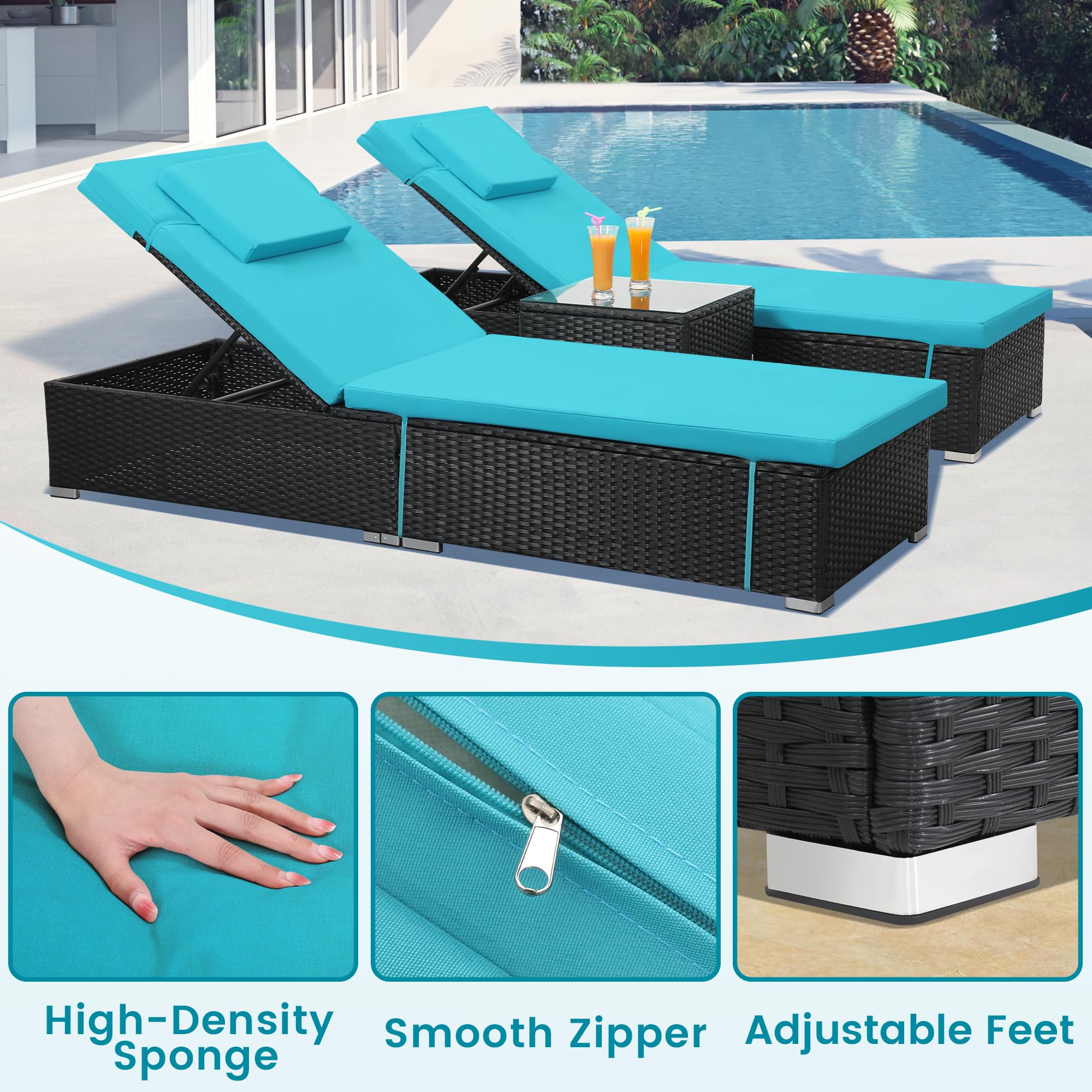 Outdoor Wicker Chaise Lounge Set with Side Table (3-Piece)