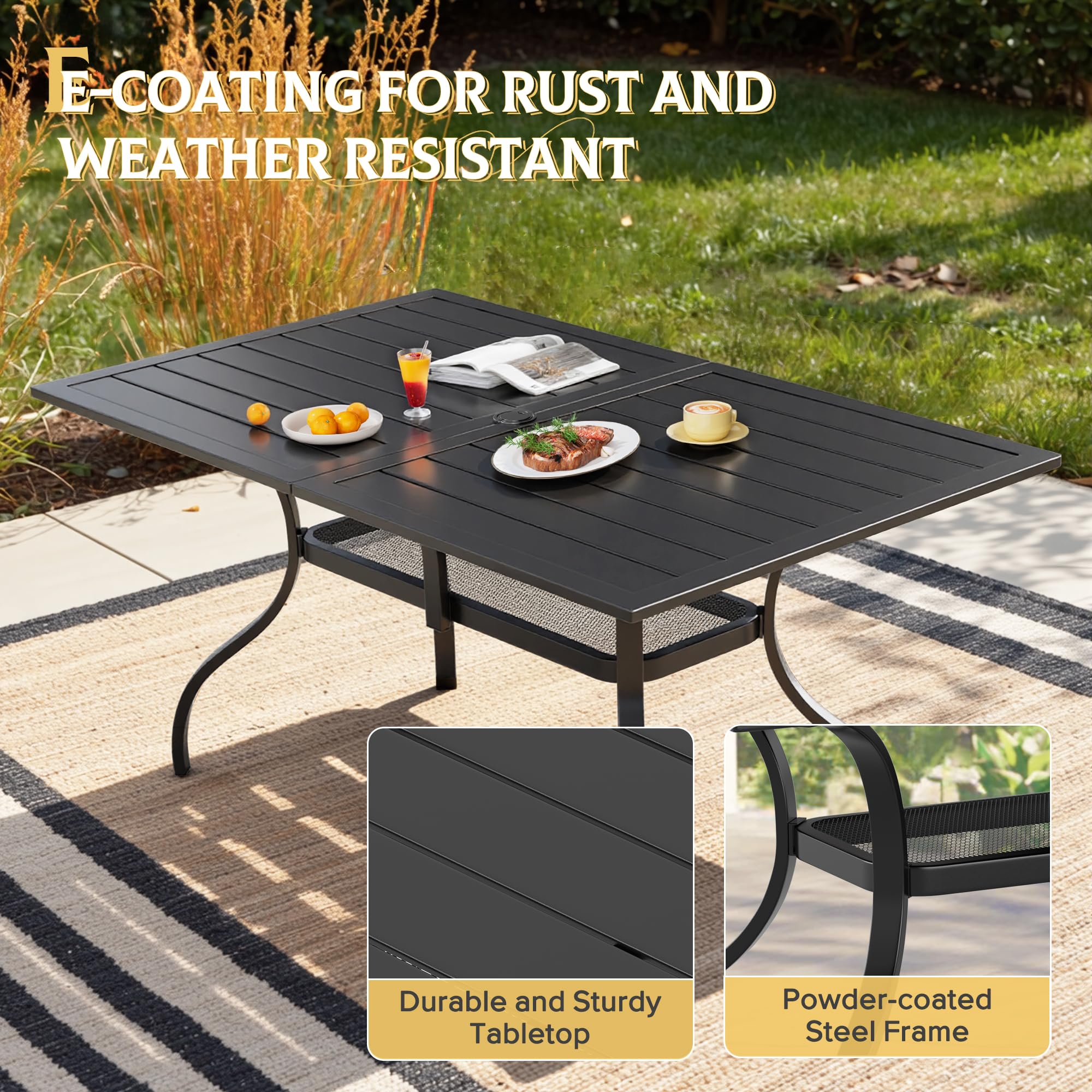 SUNCROWN 60"x37" Black Patio Outdoor Dining Table Metal Steel Slat Rectangular Bistro Table for Porch Deck Garden Backyard Poolside, 1.57" Umbrella Hole
