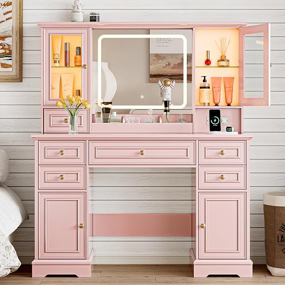 Farmhouse Makeup Vanity Desk with Lighted Mirror