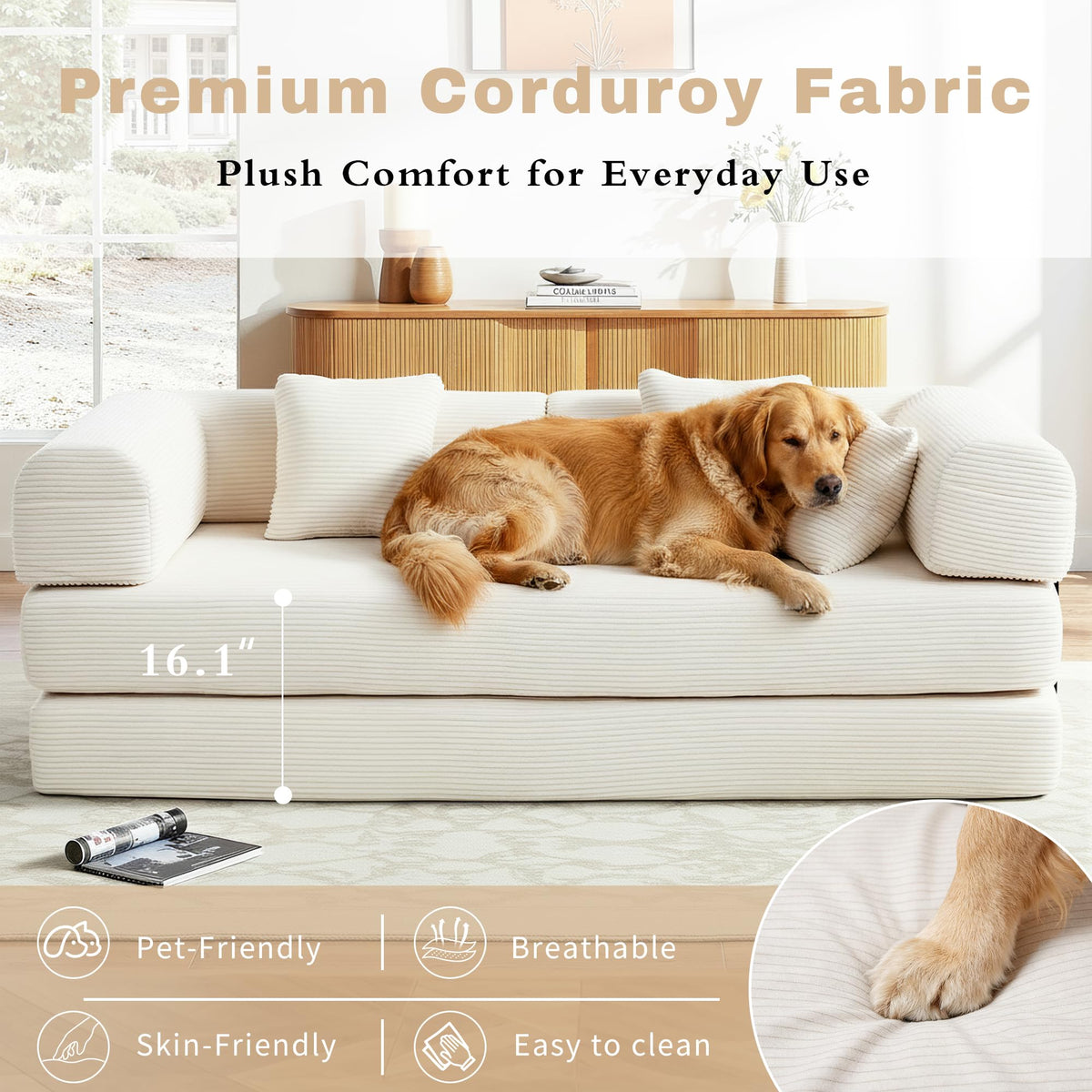 GAOHAPY 80 Inch Multi-Functional Convertible Sofa Bed, Fixed Shape Frame, High Density Foam with Corduroy, Easy Assembly, for Living Room and Bedroom. (Beige)