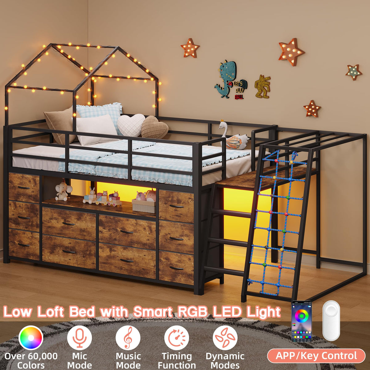 busyaeh Twin Low Loft Bed with Climbing Net and 10 Drawers, Rustic Brown