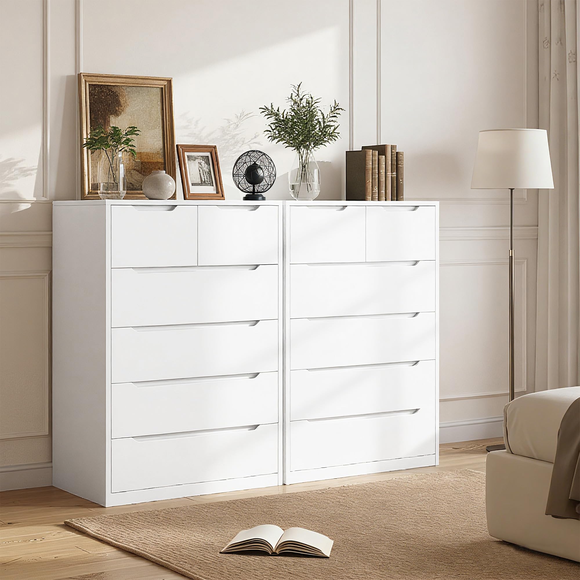 Romorgniz White Dresser for Bedroom with 6 Wood Drawers, Tall Dressers & Chests of Drawers with Smooth Metal Slides for Entryway Hallway, Handle-Free Modern Design, 250 LBS Capacity