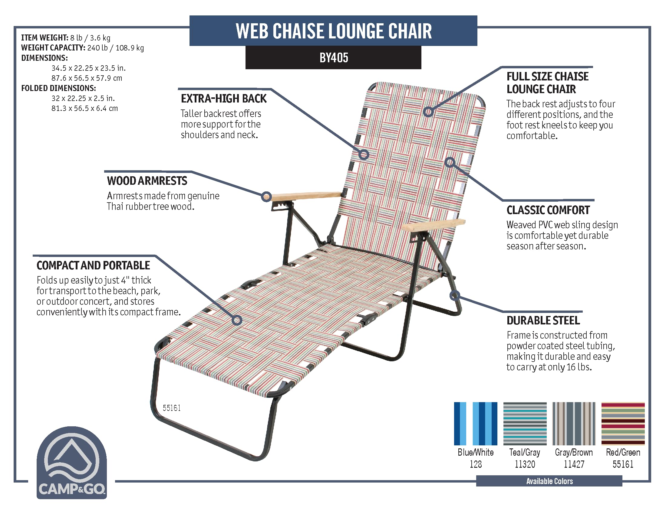 4-Position Folding Web Chaise Lounge Chair