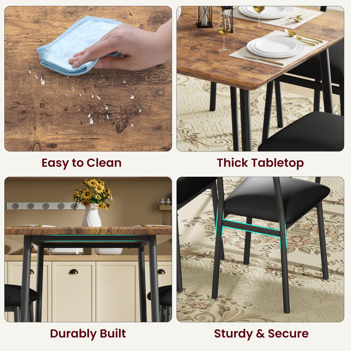 Garvee Dining Table Set for 4 with 4 Upholstered Chairs, Wood Kitchen Table Chairs Set of 4 w/Beveled Edge Design, Dining Room Table Set for 4 for Dining, Small Space, Apartmen,Rustic Brown