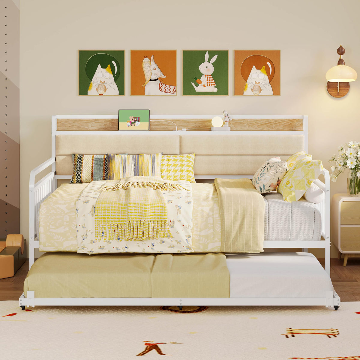 LIKIMIO Daybed with Trundle, Full Size Bed Frame, White