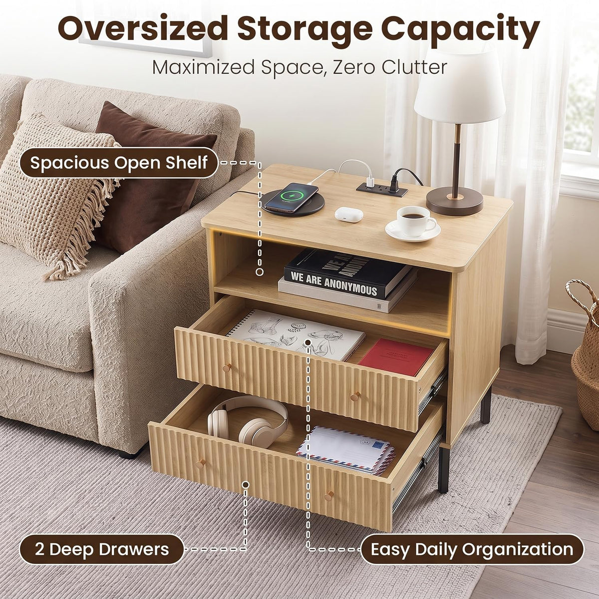 Fluted Nightstand with Charging Station