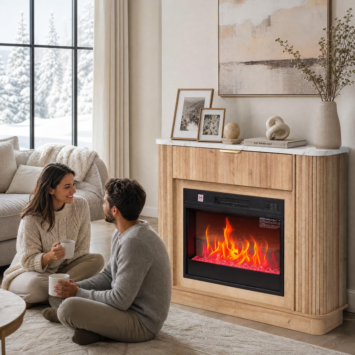 NORTHSKY 39" Farmhouse Electric Fireplace with Mantel, 23" Insert 9‑Color LED Crystal Flame Effect, Freestanding Curved Fluted Wood Fireplace Heater W/Storage&Remote Control for Living Room Bedroom