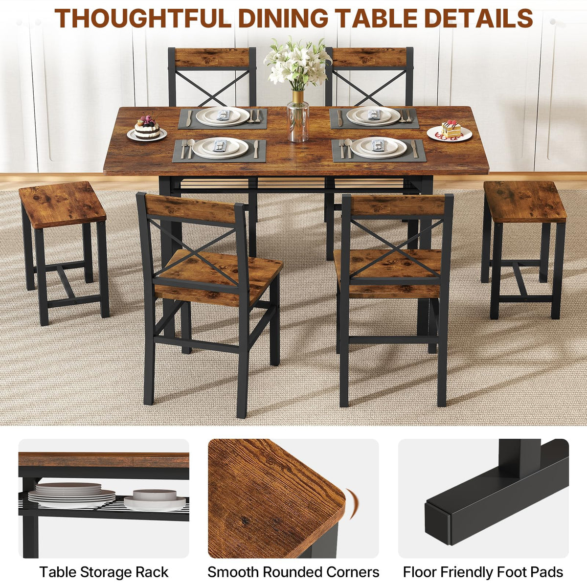 Zevemomo 7-Piece Dining Table Set, Kitchen Table Chairs with Storage Rack