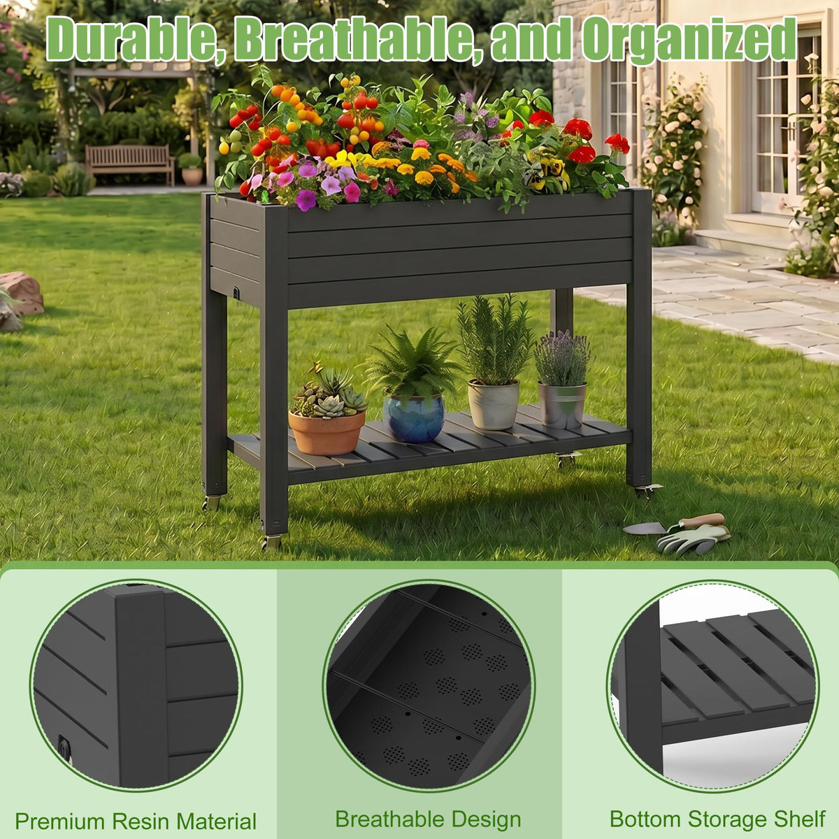 EFU Raised Garden Beds Outdoor, with Wheels & Extra Storage Shelf