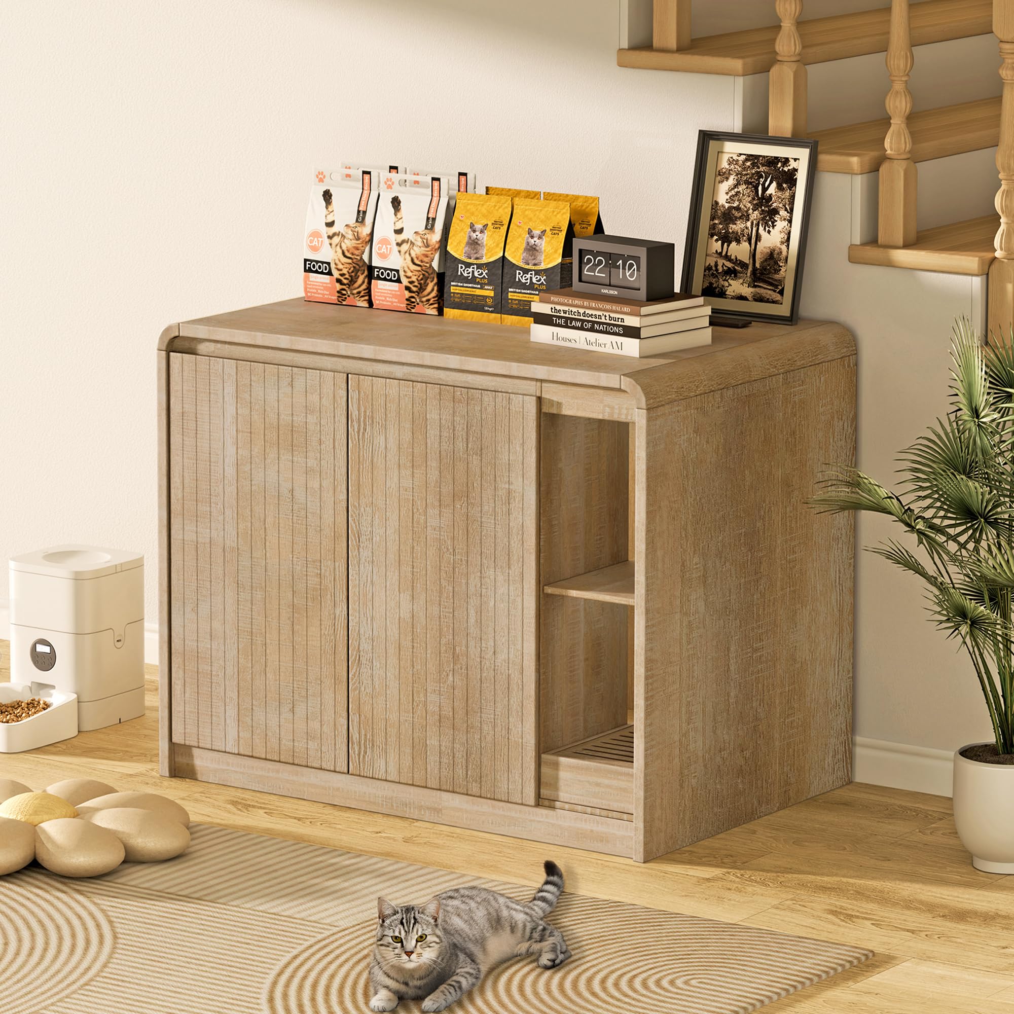 Homiflex Cat Litter Box Enclosure with Litter Collector, Large Litter Box Enclosure for Automatic Litter Box, Cat Furniture with Outlet, Adjustable Shelf for Dog Proof, Cat Washroom Cabinet, Natural