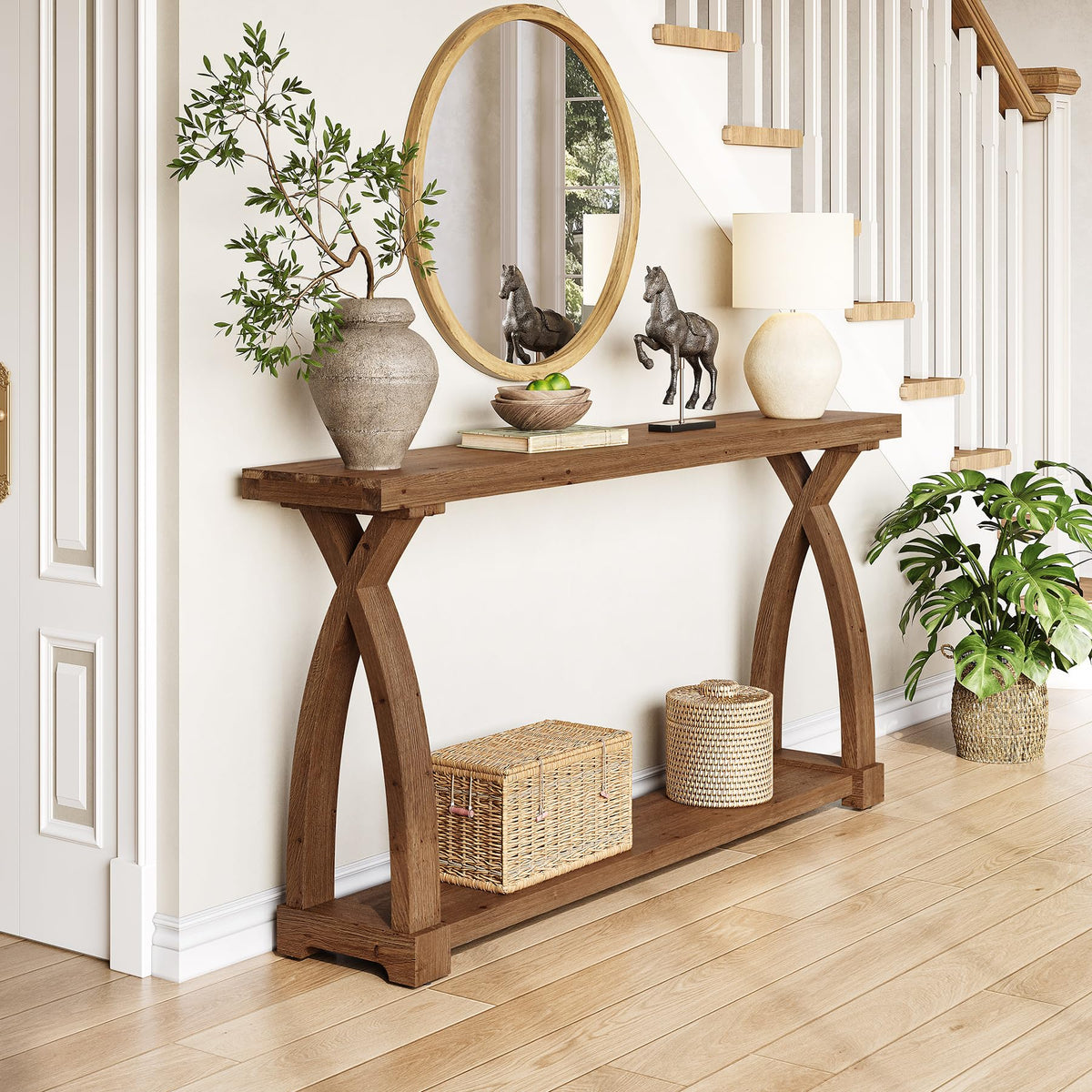 TRIBEWOOD Solid Wood Console Table for Entryway, 63-Inch Narrow Farmhouse Couch Table Behind Sofa with 2-Tier Storage for Entrance, Foyer, Living Room, Long, Dark Brown