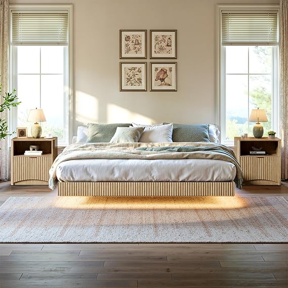 Fluted Floating Bed Frame with LED Lights & 2 Nightstands