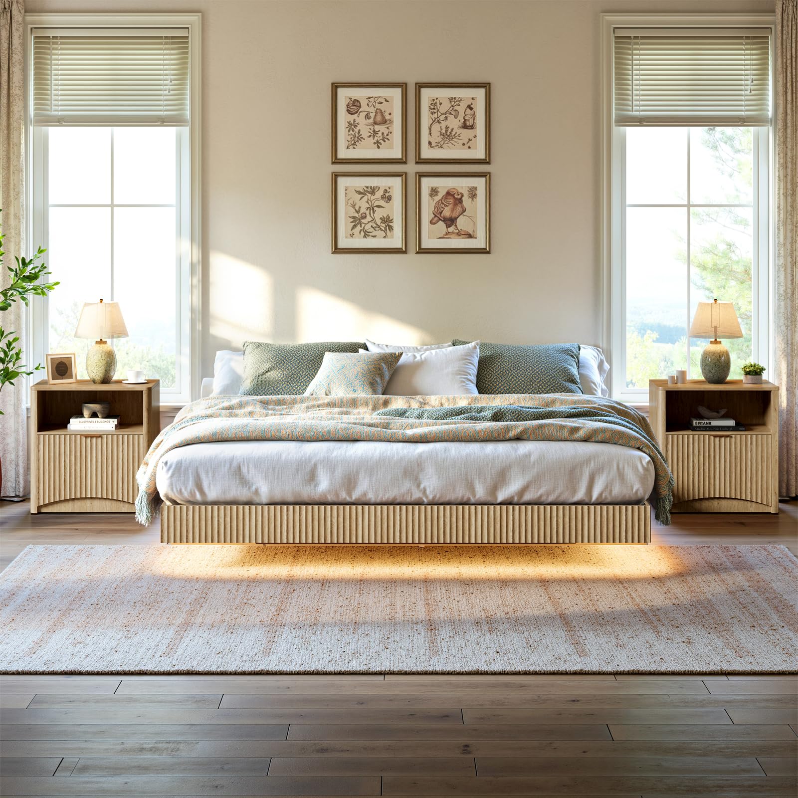Fluted Floating Bed Frame with LED Lights & 2 Nightstands