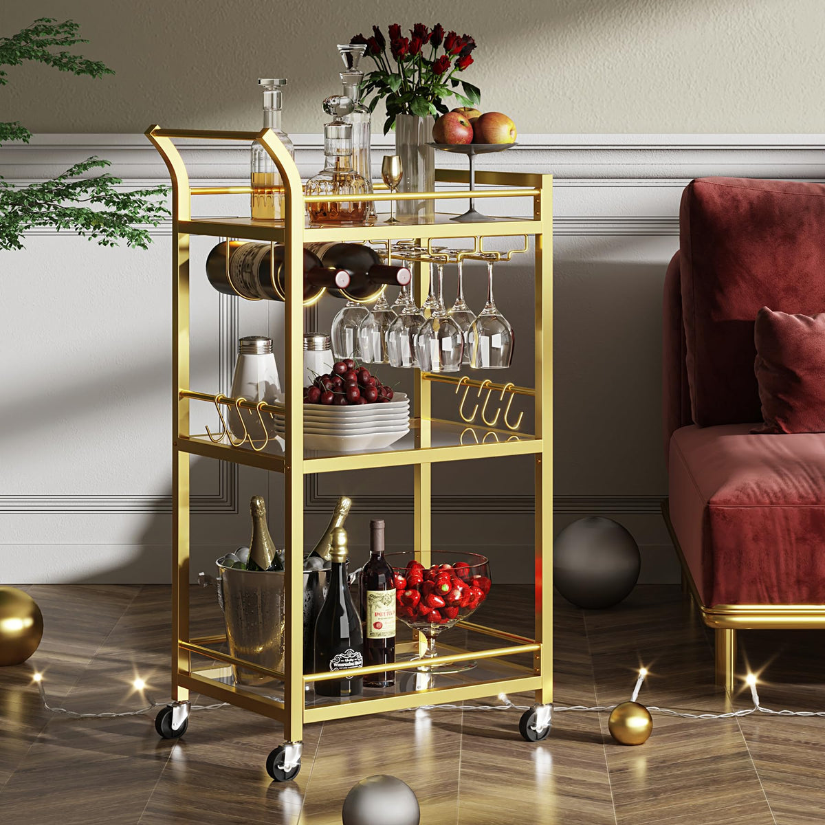 TUTOTAK Gold Bar Cart with 3 Mirrored Shelves, Wine Rack & Glass Holder