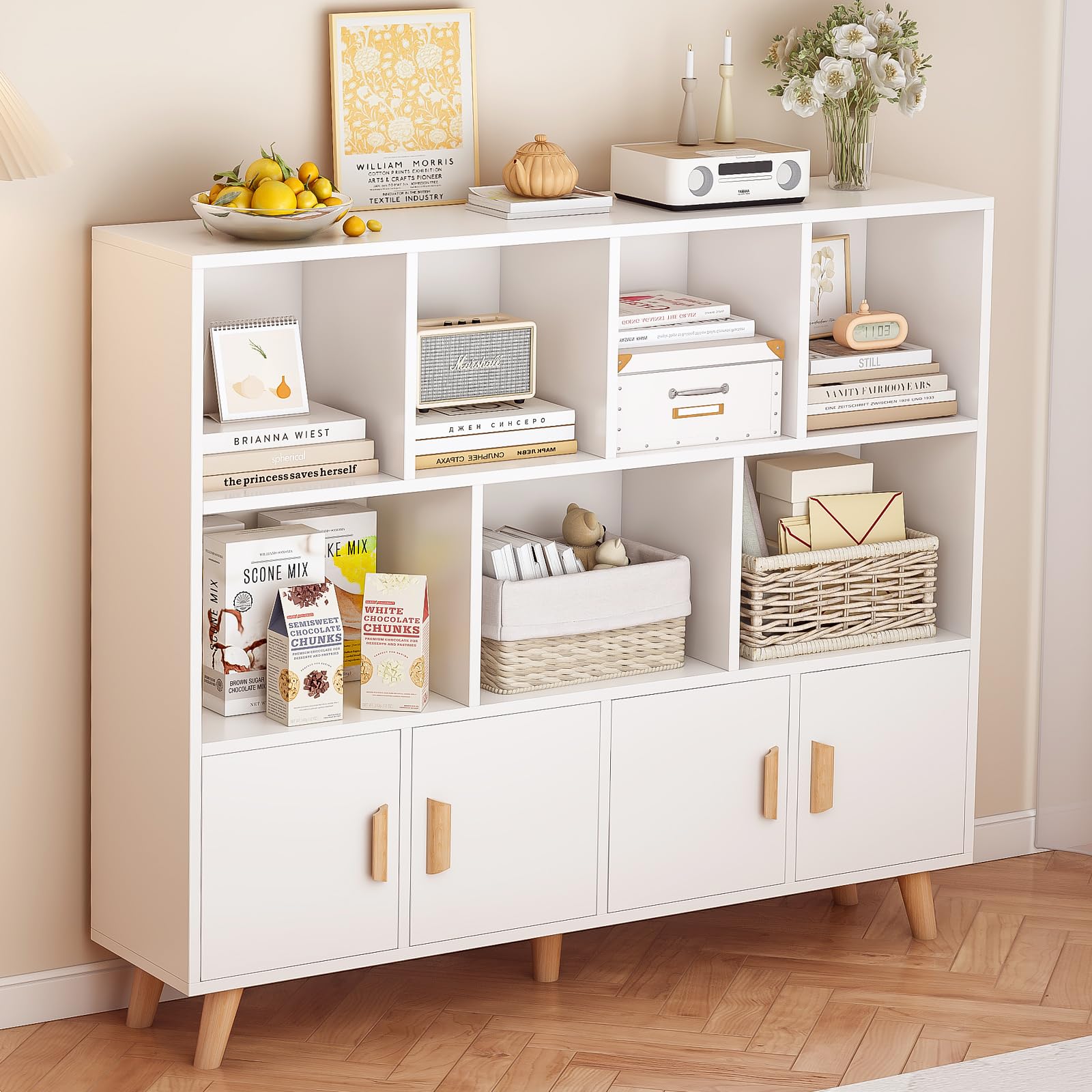 11-Cube Bookcase with Doors & Solid Wood Legs
