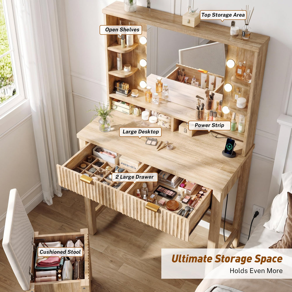 Lighted Vanity Desk with Storage Stool