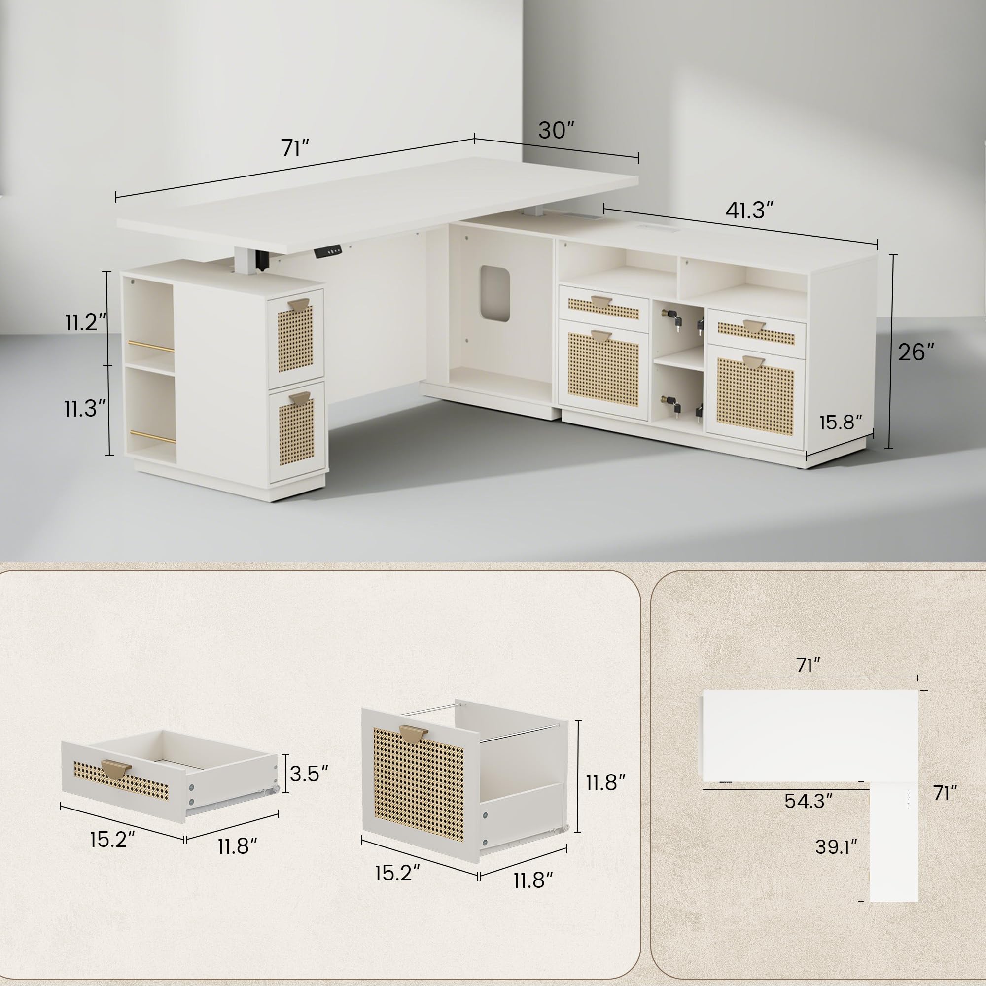 Electric Standing L-Shaped Executive Desk with File Cabinet
