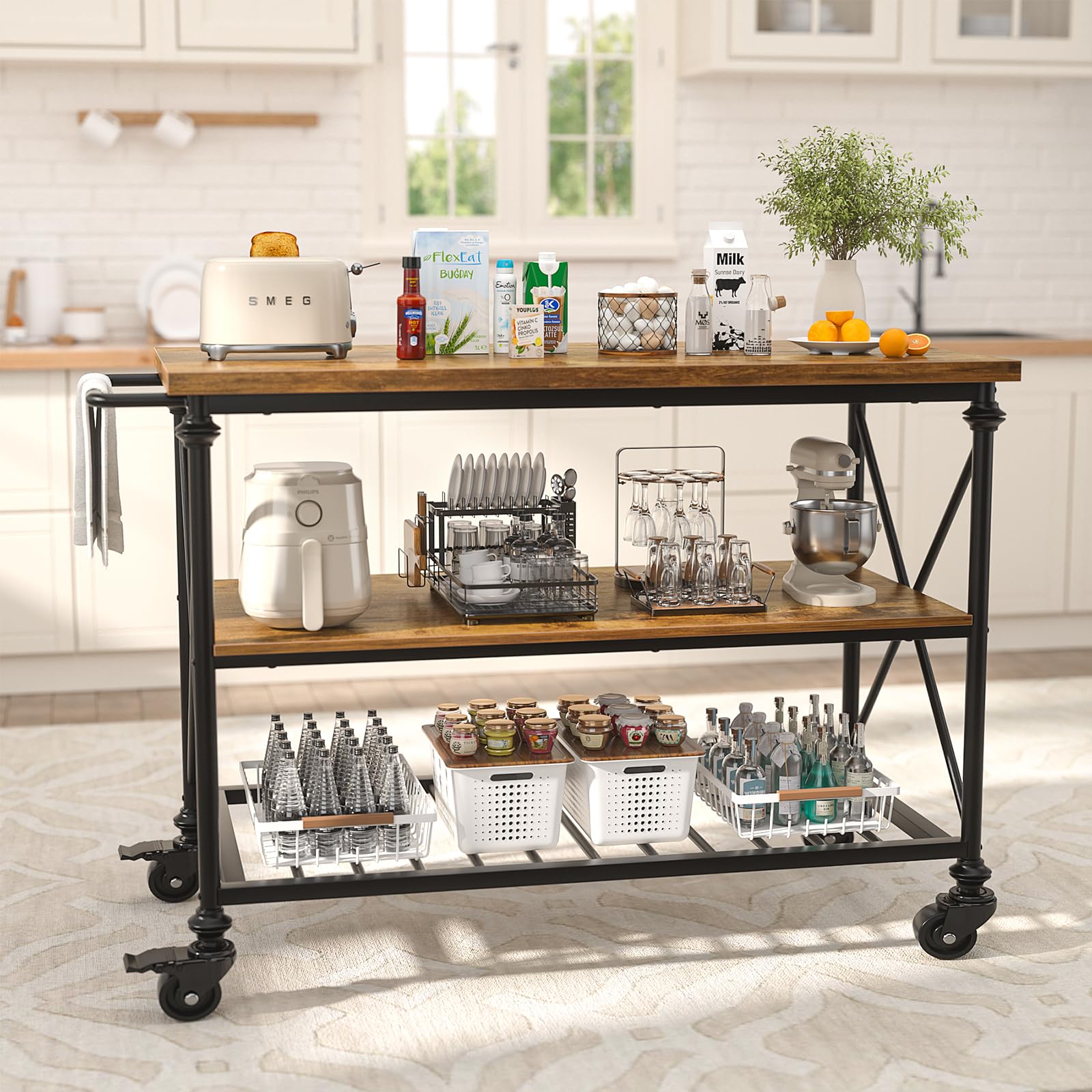 3-Tier Rolling Kitchen Island with Pipe Legs