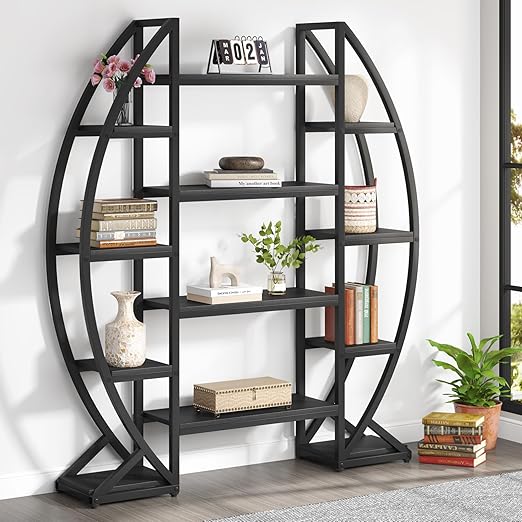 Triple Wide Oval Etagere Bookcase – 5-Tier, 12 Shelves, Industrial Metal Frame
