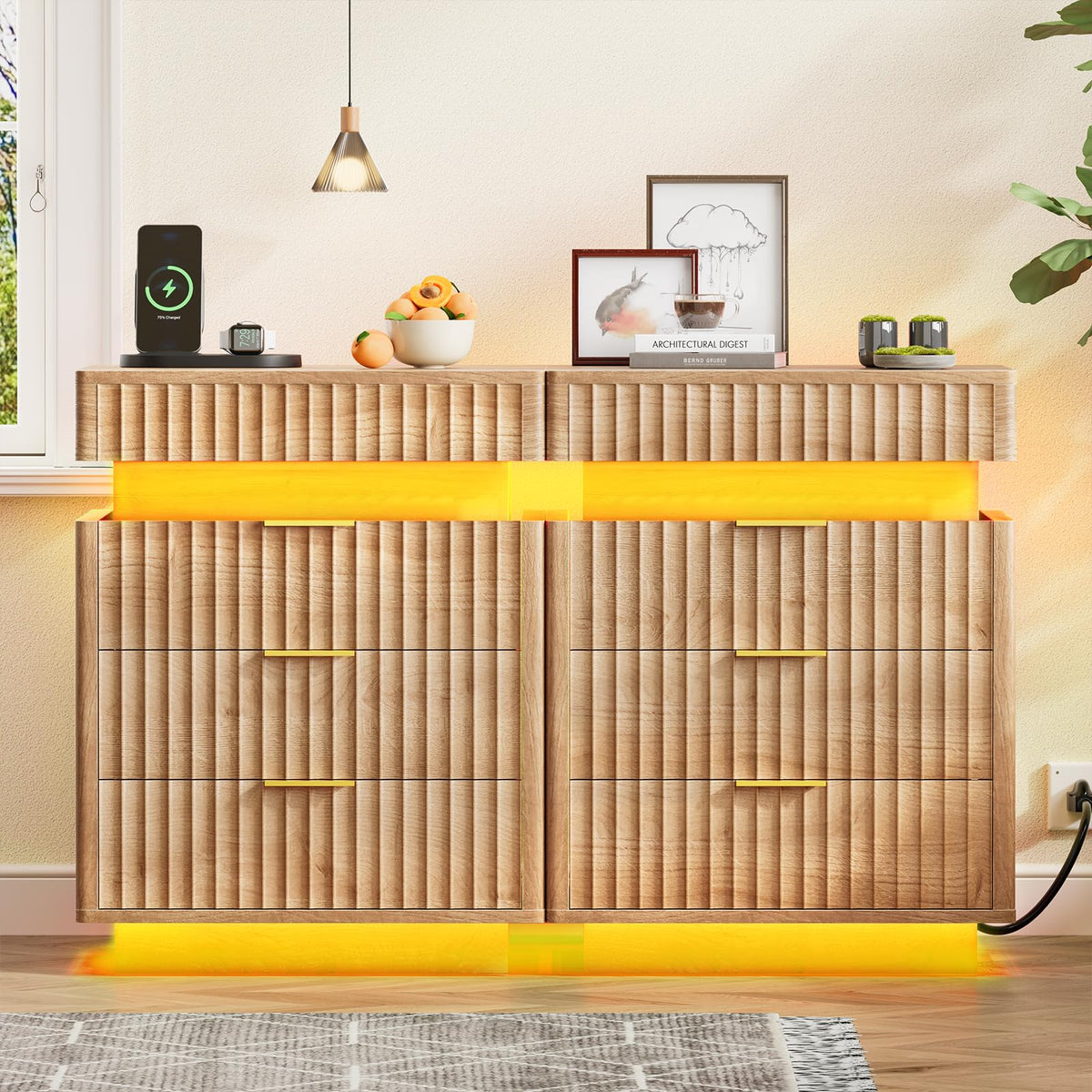 Fluted LED Nightstand with Charging Station