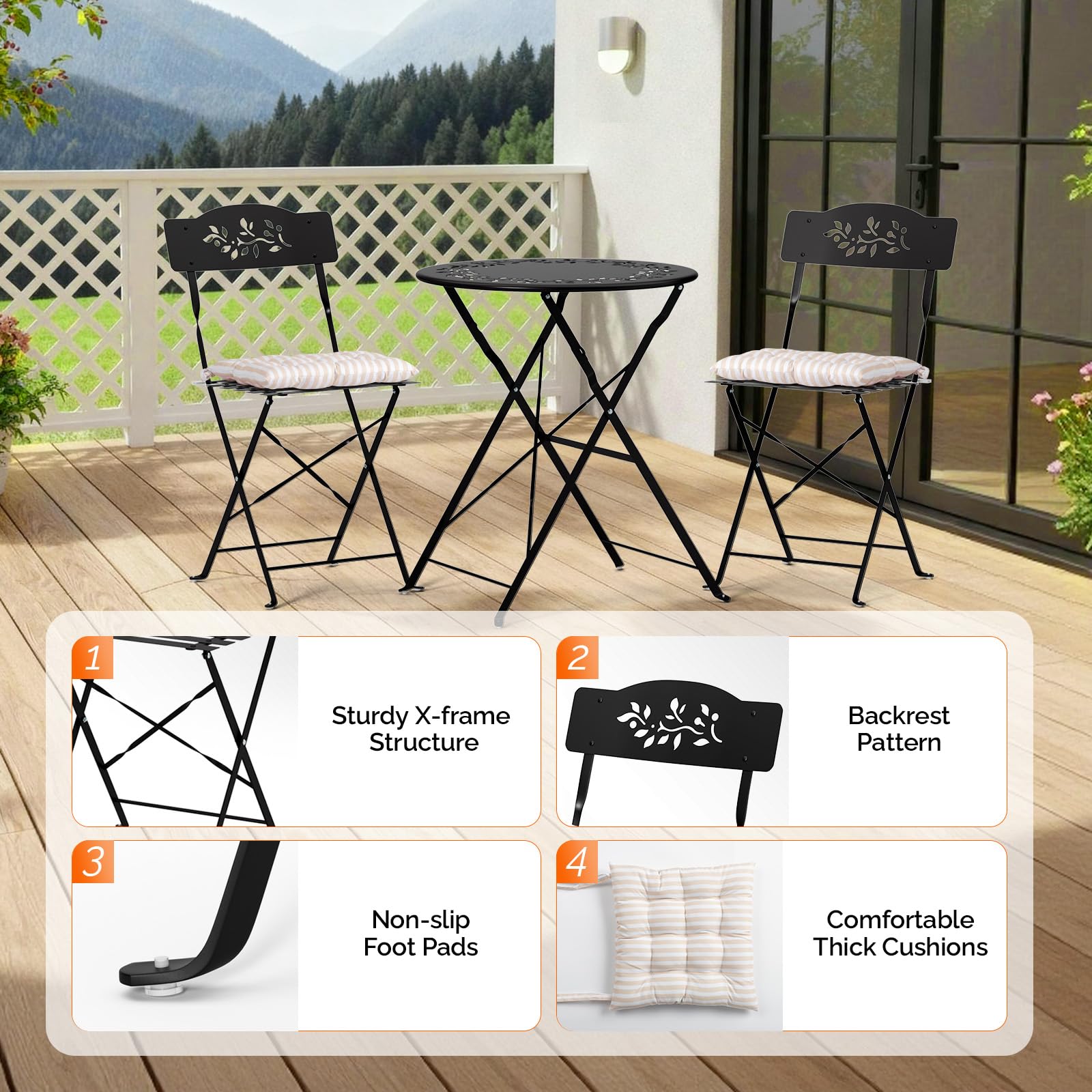 Outdoor Folding Bistro Set with Cushions – 3 Piece