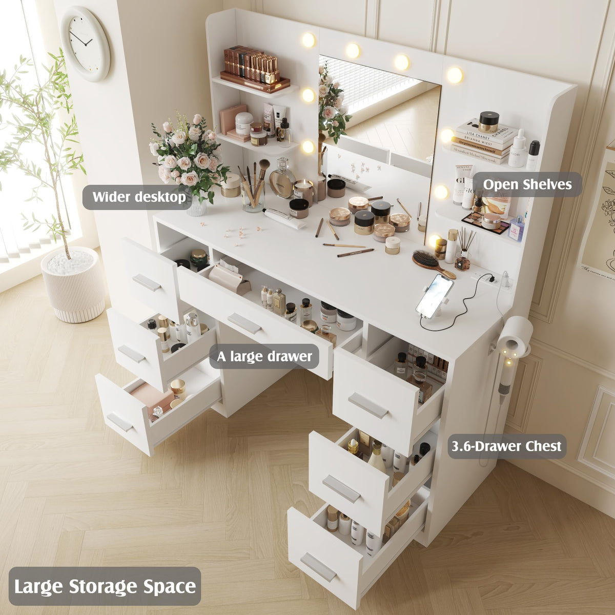 YESHOMY Vanity Desk with Mirror, Outlet, 10 Lights & 7 Drawers,Pure White