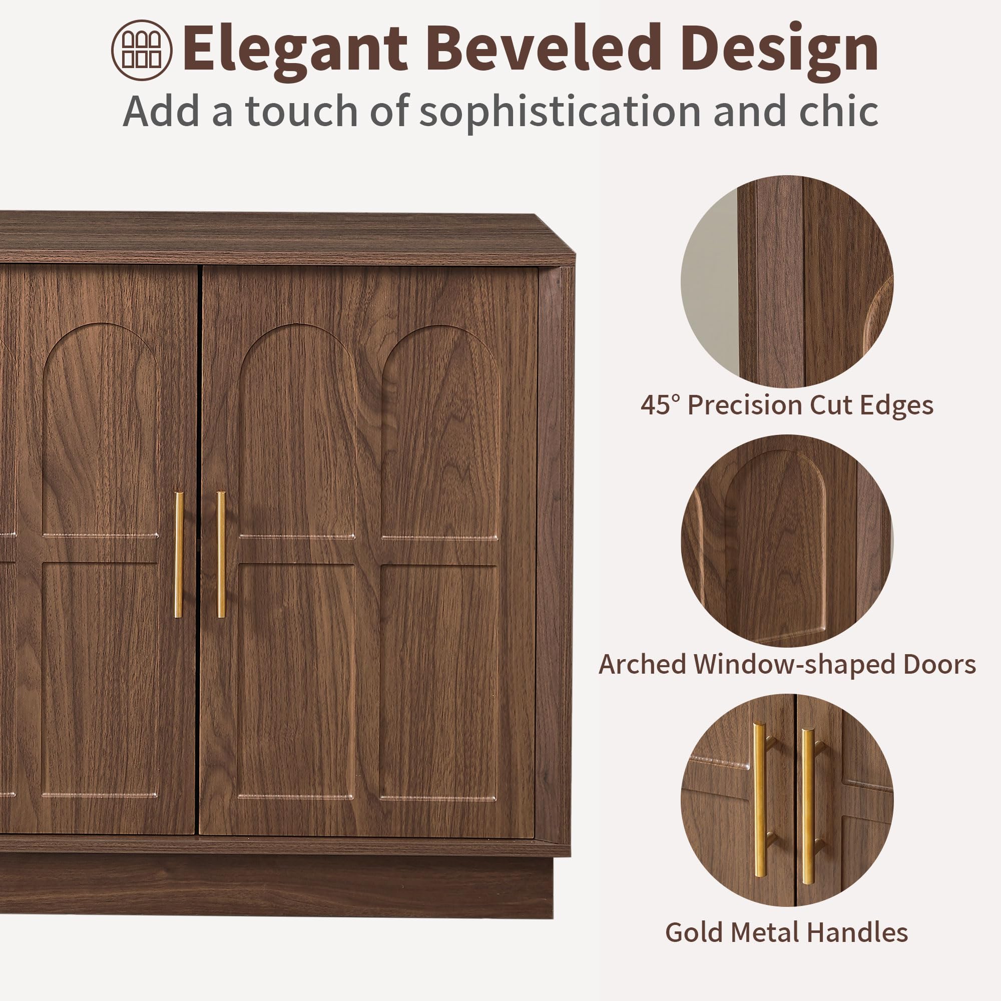SZTHHDF 66.5" Sideboard Buffet Cabinet with Storage, Modern Credenza with Arched Doors, Large Wood Accent Cabinet for Living Room Entryway (Walnut)