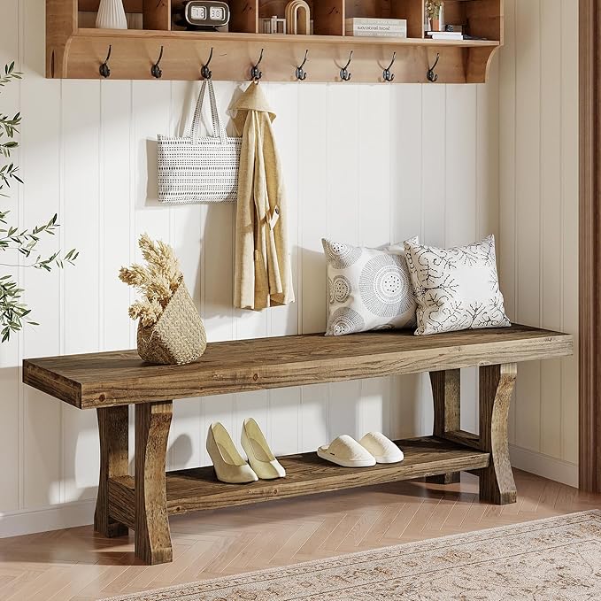 Solid Wood Entryway & Bedroom Bench with Storage Shelf, 55"