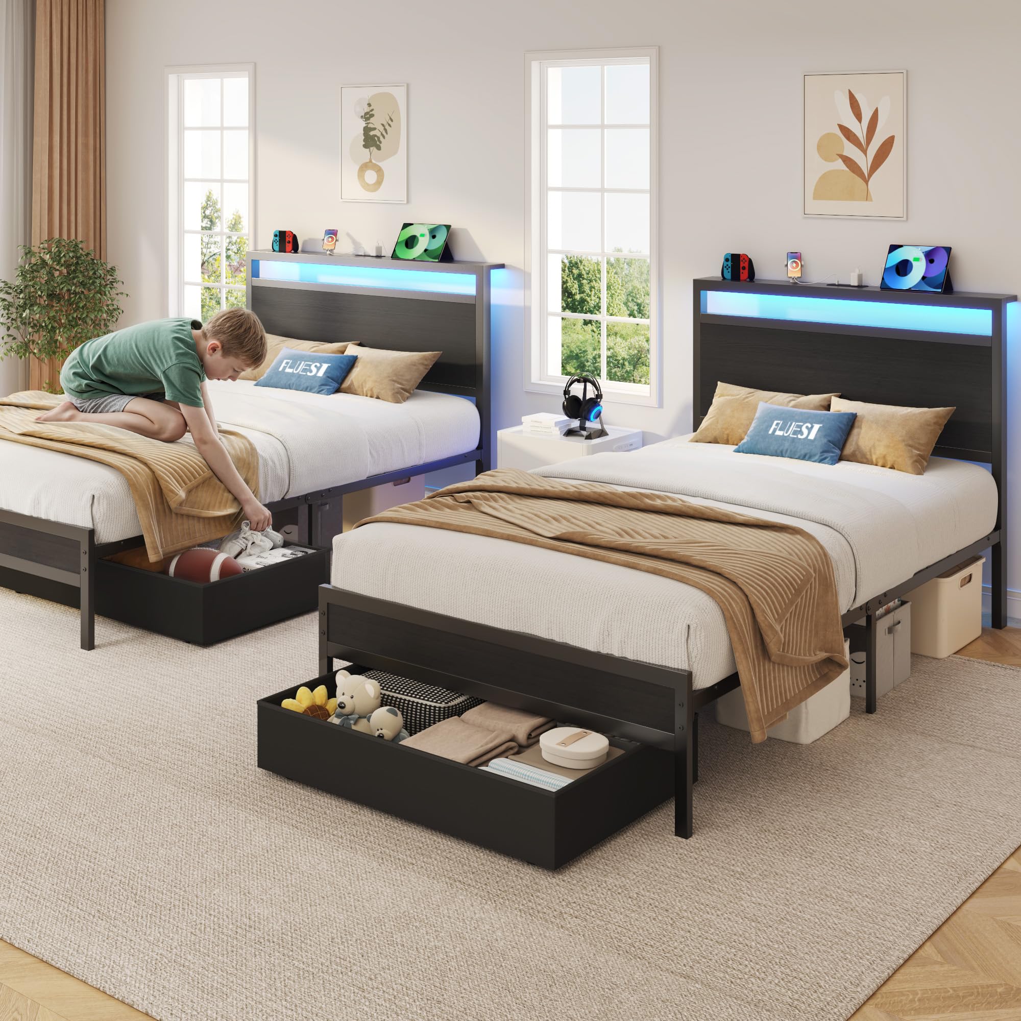 Twin Bed Frame with Storage Headboard, LED Lights & Charging Station