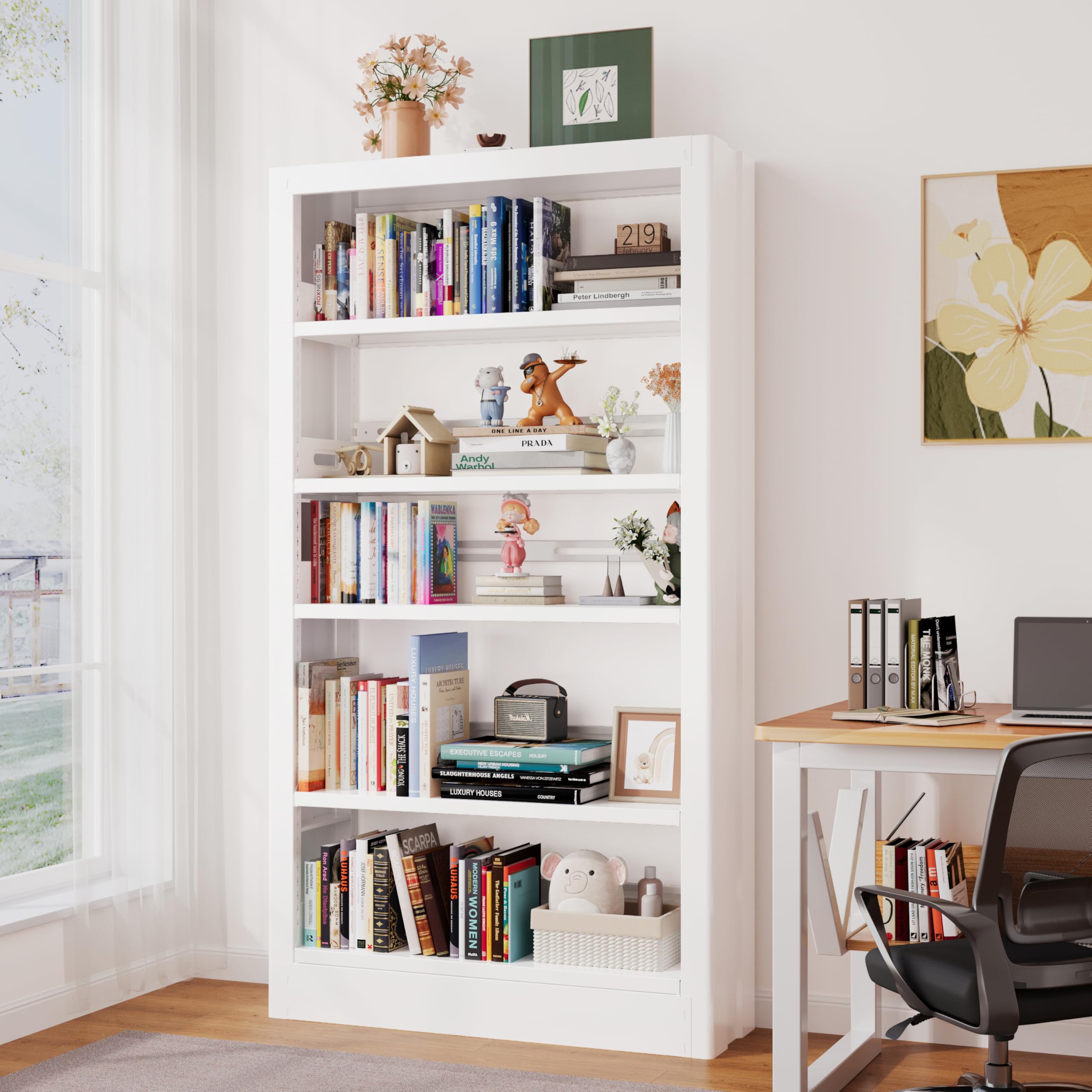 CRPDY 71" Tall Bookshelf 5 Tier Metal Bookshelf with Adjustable Storage Shelves Library Bookcase Heavy Duty Book Shelf with Book Stopper for Living Room, Library, Office, Bedroom, School