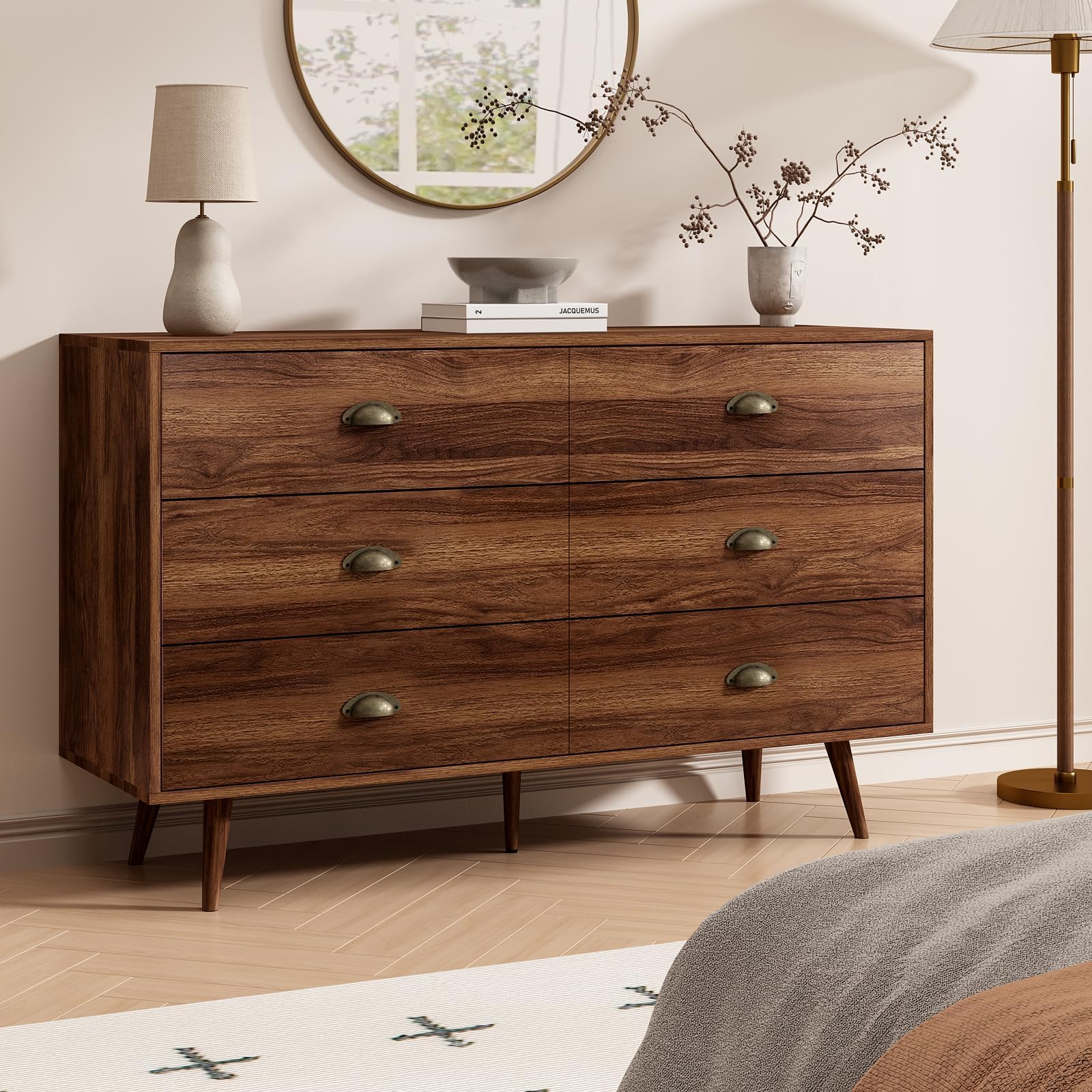 CARPETNAL Walnut Dresser for Bedroom, 6 Drawer Dresser with Wide Drawers and Gold Metal Handles, 47” Wood Dressers & Chests of Drawers for Hallway, Entryway.