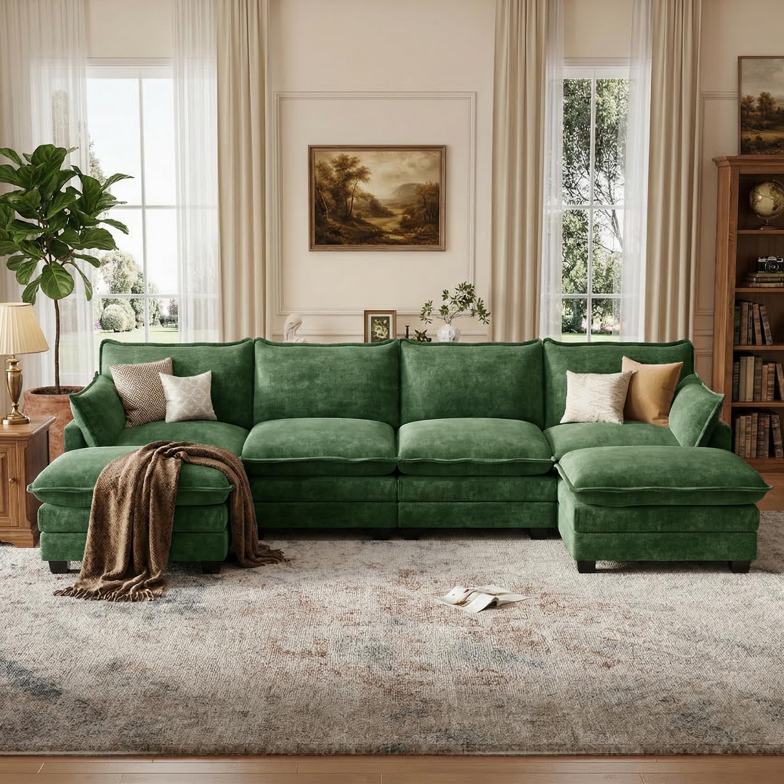 OhaiAura U Shaped Modular Sectional Sofa, Cloud Couch with Movable Ottoman, Comfy Chenille Sofa with Pillows for Living Room, Bedroom, Apartment, Green