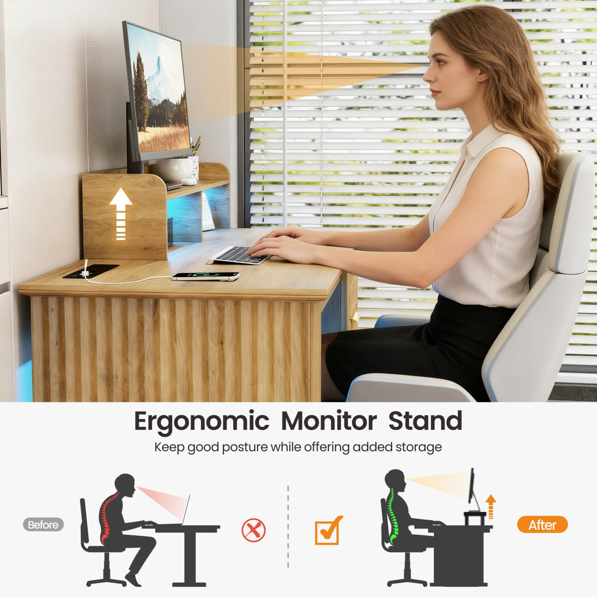Lareth 47 inch Computer Desk with Monitor Stand, RGB LED Lights