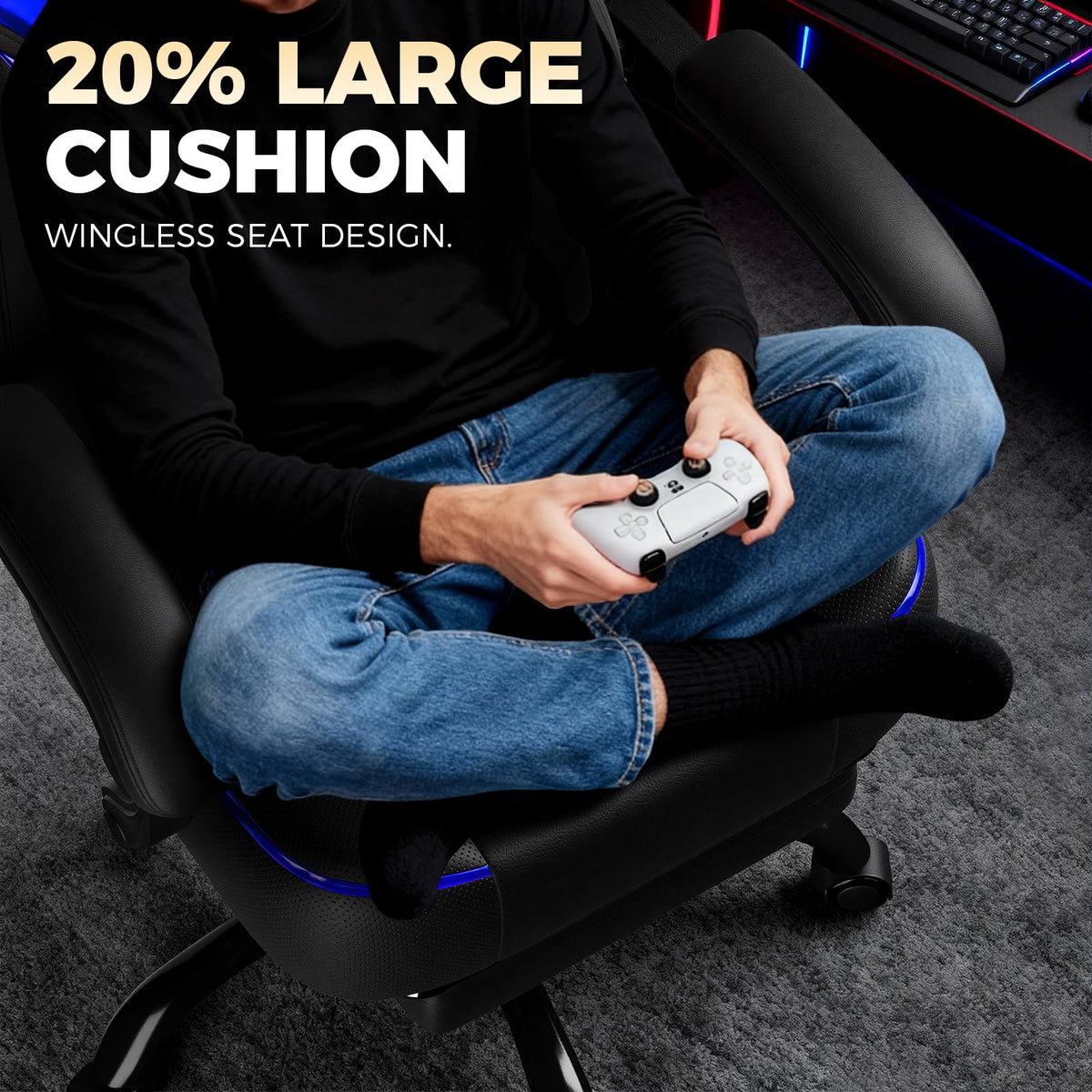 GTPLAYER Big and Tall Gaming Chair for Adults, Ergonomic Office Chair with Footrest, Heavy Duty 350 lbs Capacity, High Back, Premium Leather & Iridescent Trim, ACE-Armor, Black & Blue Trim
