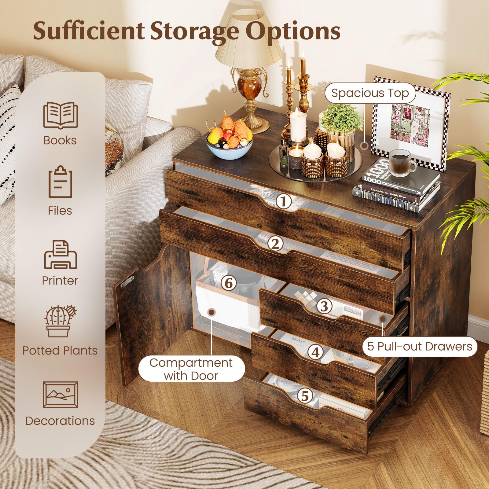 Rolling File Cabinet with 5 Drawers & Side Cabinet