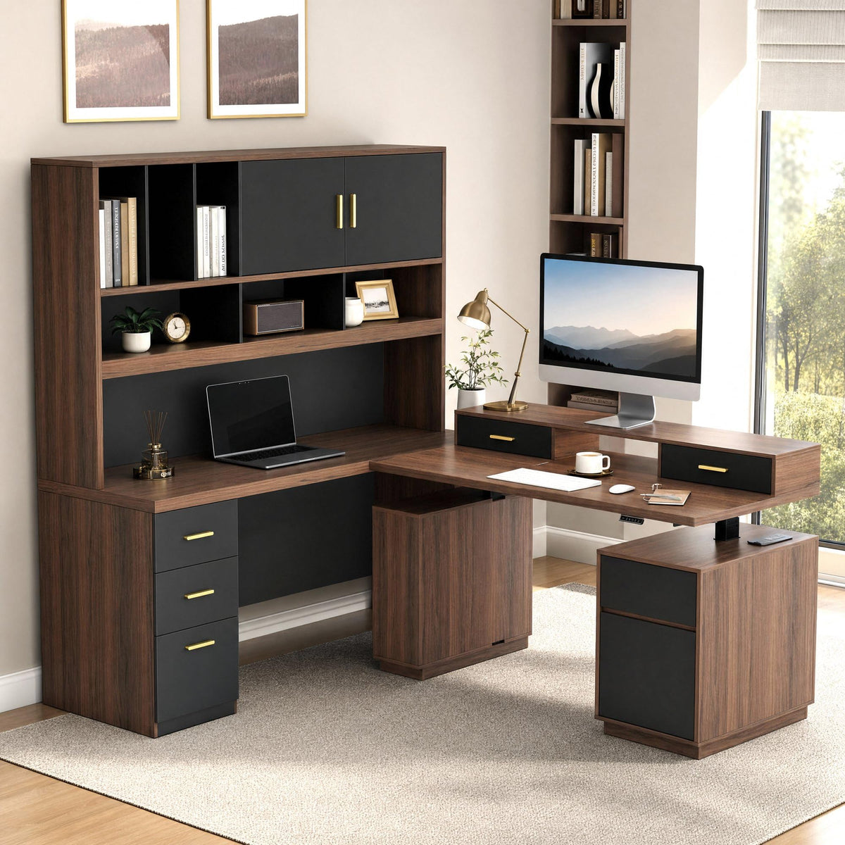 86.6" L Shaped Executive Standing Desk with Hutch and File Cabinet