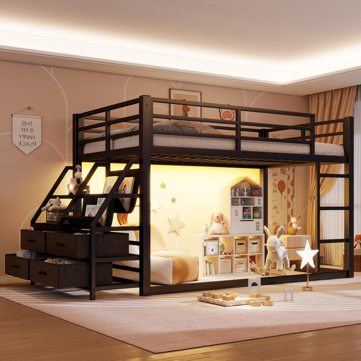Twin Metal Bunk Bed with Storage & LED Lights