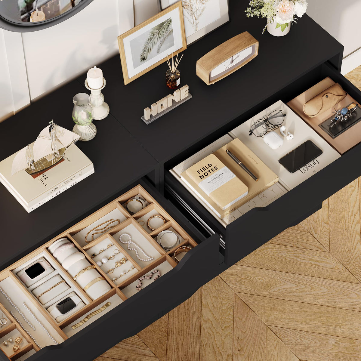 HOSTACK Modern 4 Drawers Dresser, Wood Chest of Drawers with Storage, Black